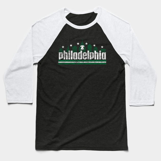 Vintage RETRO PHILLY SKYLINE GREEN AND WHITE PHILADELPHIA FAN Baseball T-Shirt by TeeCreations